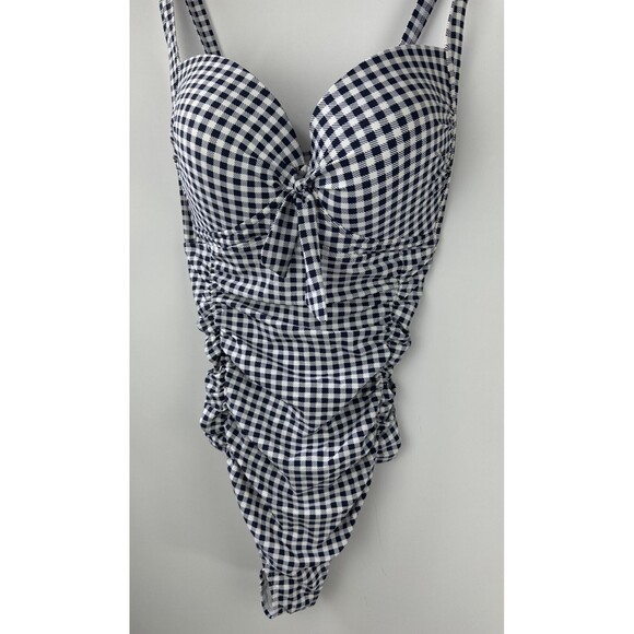 Torrid Navy Gingham Tie Front Wireless Ruched One-Piece Swimsuit Plus Size 4 4X - Picture 3 of 16